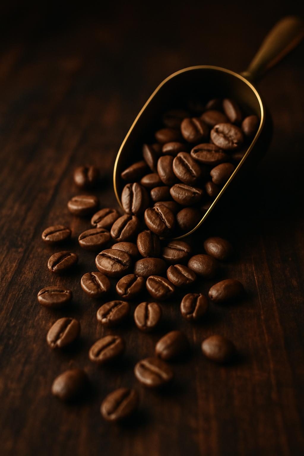Roasted coffee beans spilling from a small brass scoop onto dark timber