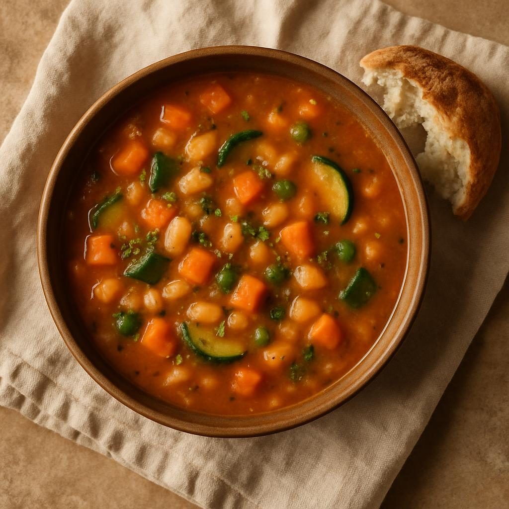 A bowl of thick vegetable soup with a piece of bread on a linen cloth