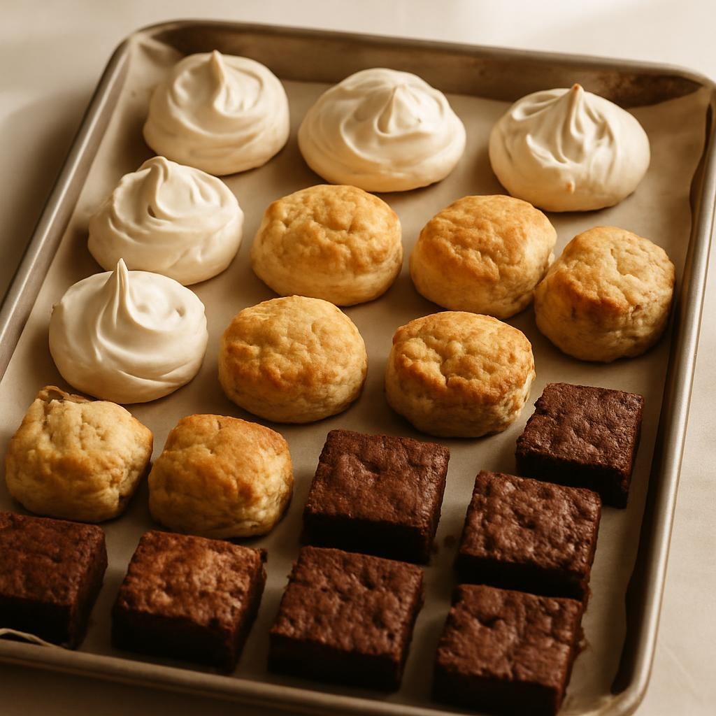 A tray of meringues, scones and brownies cooling on parchment paper