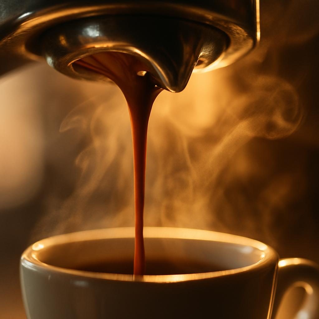 An espresso pouring from the machine into a small cup, steam rising