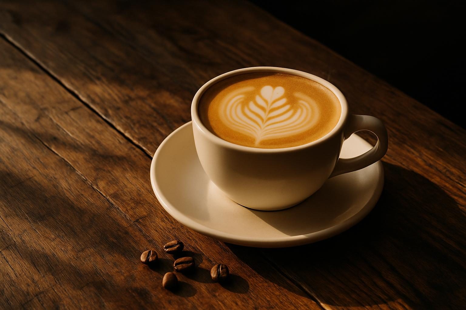 A flat white in a cream cup and saucer on a dark timber table, with a few coffee beans beside it