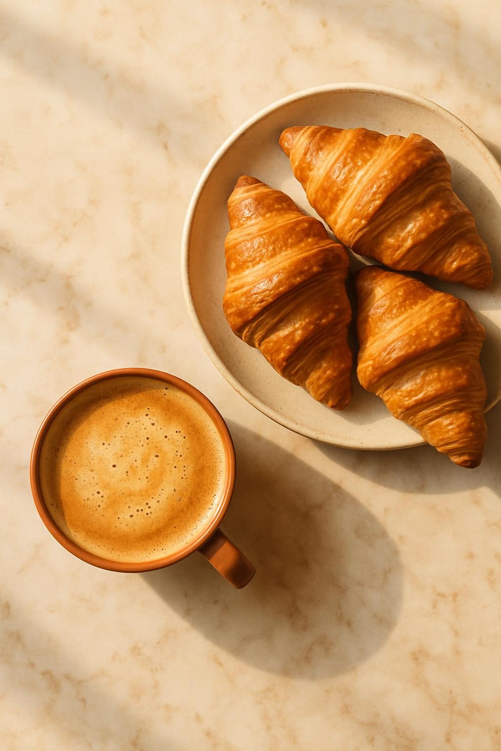 A cappuccino in a terracotta cup beside a plate of three croissants, seen from above on a marble table